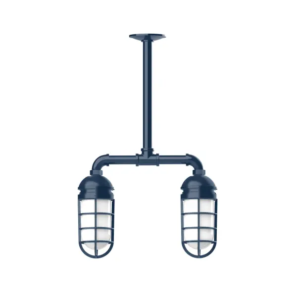 Maximize your light output with our Multi-Light Stem Hung Pendants. Illuminate an outdoor or indoor kitchen island or dining table, hang over a sink or in the bath. The industrial look works well in both commercial and residential applications. Our weathertight glass and guard will protect your light source from damage in a storm, as well as light your way in great nautical style. Collection: Vaportite Finish: Navy Glass: 5 inch Vaportite Notes: Option (2) A19 LED and 1-Integrated 8W Width: 4.63" Height: 23.38" Length: 15.50" Weight: 13.00 lb Canopy: 4.125" diameter Number of Bulbs: 2 Maximum Wattage: 100.00 W Bulb Type: A19 Bulb Base: E26 Medium Light Source: Incandescent or LED equivalent Dimmable Voltage: 120.00 V Country of Origin: US Safety Listing: UL/cUL Safety Rating: Wet Dark Sky LED Manufacturer Warranty: 1-year limited warranty on the fixture.