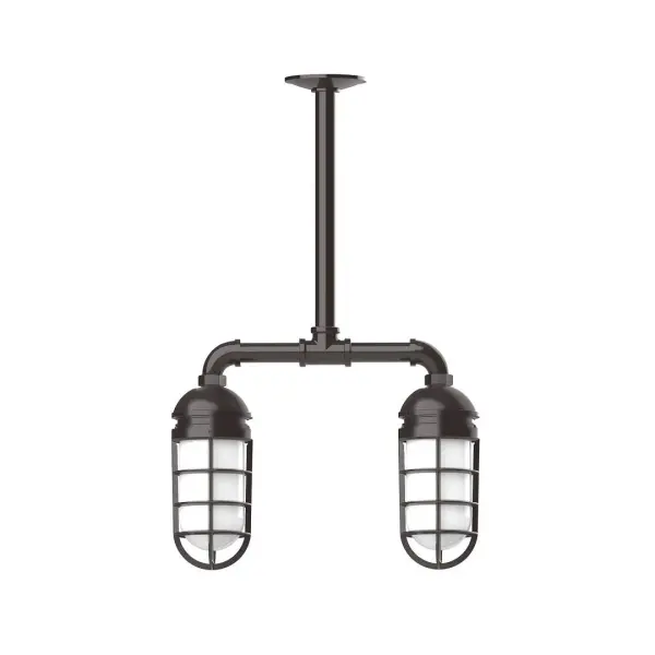 Maximize your light output with our Multi-Light Stem Hung Pendants. Illuminate an outdoor or indoor kitchen island or dining table, hang over a sink or in the bath. The industrial look works well in both commercial and residential applications. Our weathertight glass and guard will protect your light source from damage in a storm, as well as light your way in great nautical style. Collection: Vaportite Finish: Architectural Bronze Glass: 5 inch Vaportite Notes: Option (2) A19 LED and 1-Integrated 8W Width: 4.63" Height: 23.38" Length: 15.50" Weight: 13.00 lb Canopy: 4.125" diameter Number of Bulbs: 2 Maximum Wattage: 100.00 W Bulb Type: A19 Bulb Base: E26 Medium Light Source: Incandescent or LED equivalent Dimmable Voltage: 120.00 V Country of Origin: US Safety Listing: UL/cUL Safety Rating: Wet Dark Sky LED Manufacturer Warranty: 1-year limited warranty on the fixture.