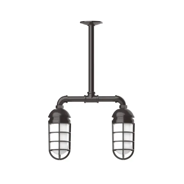 Maximize your light output with our Multi-Light Stem Hung Pendants. Illuminate an outdoor or indoor kitchen island or dining table, hang over a sink or in the bath. The industrial look works well in both commercial and residential applications. Our weathertight glass and guard will protect your light source from damage in a storm, as well as light your way in great nautical style. Collection: Vaportite Finish: Architectural Bronze Glass: 5 inch Vaportite Notes: Option (2) A19 LED and 1-Integrated 8W Width: 4.63" Height: 23.38" Length: 15.50" Weight: 13.00 lb Canopy: 4.125" diameter Number of Bulbs: 2 Maximum Wattage: 100.00 W Bulb Type: A19 Bulb Base: E26 Medium Light Source: Incandescent or LED equivalent Dimmable Voltage: 120.00 V Country of Origin: US Safety Listing: UL/cUL Safety Rating: Wet Dark Sky LED Manufacturer Warranty: 1-year limited warranty on the fixture.