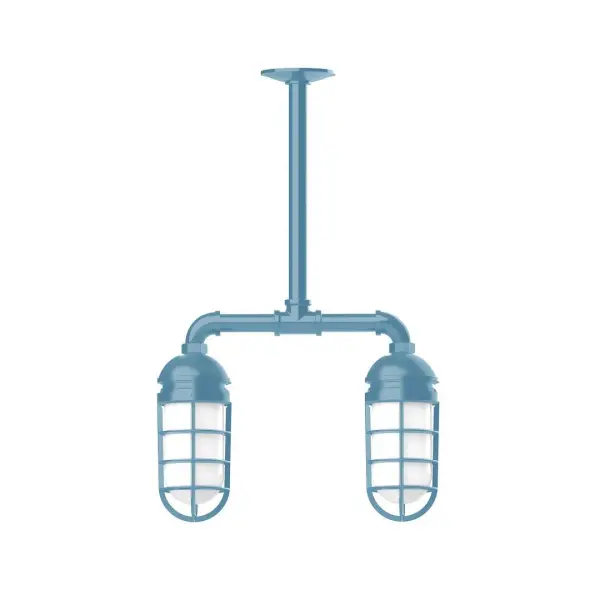 Maximize your light output with our Multi-Light Stem Hung Pendants. Illuminate an outdoor or indoor kitchen island or dining table, hang over a sink or in the bath. The industrial look works well in both commercial and residential applications. Our weathertight glass and guard will protect your light source from damage in a storm, as well as light your way in great nautical style. Collection: Vaportite Finish: Light Blue Glass: 5 inch Vaportite Notes: Option (2) A19 LED and 1-Integrated 8W Width: 4.63" Height: 23.38" Length: 15.50" Weight: 13.00 lb Canopy: 4.125" diameter Number of Bulbs: 2 Maximum Wattage: 100.00 W Bulb Type: A19 Bulb Base: E26 Medium Light Source: Incandescent or LED equivalent Dimmable Voltage: 120.00 V Country of Origin: US Safety Listing: UL/cUL Safety Rating: Wet Dark Sky LED Manufacturer Warranty: 1-year limited warranty on the fixture.