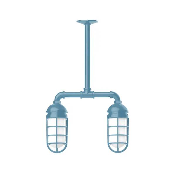 Maximize your light output with our Multi-Light Stem Hung Pendants. Illuminate an outdoor or indoor kitchen island or dining table, hang over a sink or in the bath. The industrial look works well in both commercial and residential applications. Our weathertight glass and guard will protect your light source from damage in a storm, as well as light your way in great nautical style. Collection: Vaportite Finish: Light Blue Glass: 5 inch Vaportite Notes: Option (2) A19 LED and 1-Integrated 8W Width: 4.63" Height: 23.38" Length: 15.50" Weight: 13.00 lb Canopy: 4.125" diameter Number of Bulbs: 2 Maximum Wattage: 100.00 W Bulb Type: A19 Bulb Base: E26 Medium Light Source: Incandescent or LED equivalent Dimmable Voltage: 120.00 V Country of Origin: US Safety Listing: UL/cUL Safety Rating: Wet Dark Sky LED Manufacturer Warranty: 1-year limited warranty on the fixture.