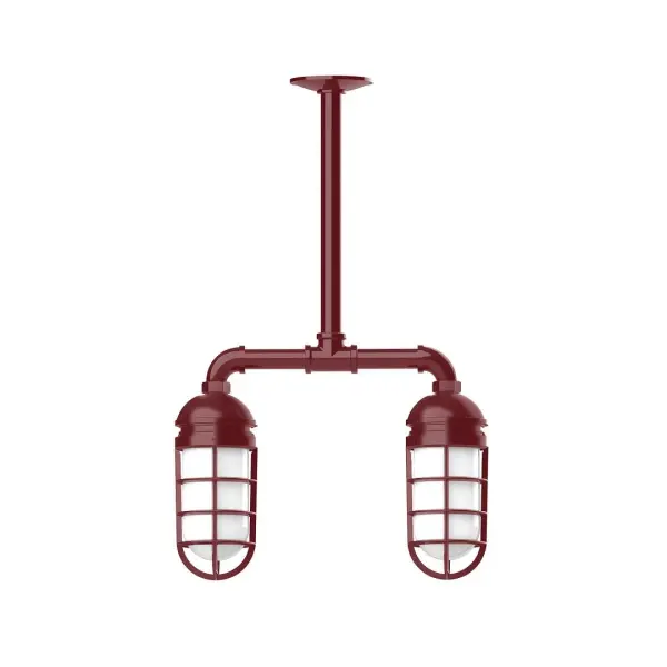 Maximize your light output with our Multi-Light Stem Hung Pendants. Illuminate an outdoor or indoor kitchen island or dining table, hang over a sink or in the bath. The industrial look works well in both commercial and residential applications. Our weathertight glass and guard will protect your light source from damage in a storm, as well as light your way in great nautical style. Collection: Vaportite Finish: Barn Red Glass: 5 inch Vaportite Notes: Option (2) A19 LED and 1-Integrated 8W Width: 4.63" Height: 23.38" Length: 15.50" Weight: 13.00 lb Canopy: 4.125" diameter Number of Bulbs: 2 Maximum Wattage: 100.00 W Bulb Type: A19 Bulb Base: E26 Medium Light Source: Incandescent or LED equivalent Dimmable Voltage: 120.00 V Country of Origin: US Safety Listing: UL/cUL Safety Rating: Wet Dark Sky LED Manufacturer Warranty: 1-year limited warranty on the fixture.