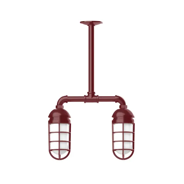 Maximize your light output with our Multi-Light Stem Hung Pendants. Illuminate an outdoor or indoor kitchen island or dining table, hang over a sink or in the bath. The industrial look works well in both commercial and residential applications. Our weathertight glass and guard will protect your light source from damage in a storm, as well as light your way in great nautical style. Collection: Vaportite Finish: Barn Red Glass: 5 inch Vaportite Notes: Option (2) A19 LED and 1-Integrated 8W Width: 4.63" Height: 23.38" Length: 15.50" Weight: 13.00 lb Canopy: 4.125" diameter Number of Bulbs: 2 Maximum Wattage: 100.00 W Bulb Type: A19 Bulb Base: E26 Medium Light Source: Incandescent or LED equivalent Dimmable Voltage: 120.00 V Country of Origin: US Safety Listing: UL/cUL Safety Rating: Wet Dark Sky LED Manufacturer Warranty: 1-year limited warranty on the fixture.