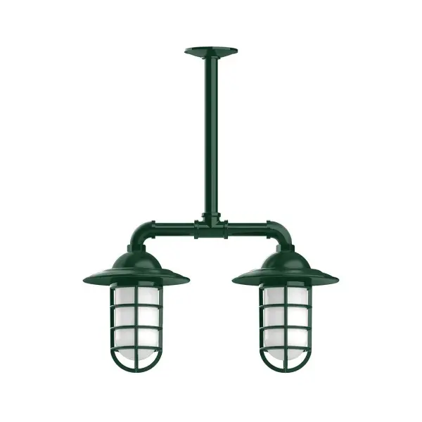 Maximize your light output with our Multi-Light Stem Hung Pendants. Illuminate an outdoor or indoor kitchen island or dining table, hang over a sink or in the bath. The industrial look works well in both commercial and residential applications. Our weathertight glass and guard will protect your light source from damage in a storm, as well as light your way in great nautical style. Collection: Vaportite Finish: Forest Green Glass: 5 inch Vaportite Notes: Option (2) A19 LED and 1-Integrated 8W Width: 8.25" Height: 33.00" Length: 19.75" Weight: 13.00 lb Extension from Wall: 19.75" Canopy: 4.125" diameter Number of Bulbs: 2 Maximum Wattage: 100.00 W Bulb Type: A19 Bulb Base: E26 Medium Light Source: Incandescent or LED equivalent Dimmable Voltage: 120.00 V Country of Origin: US Safety Listing: UL/cUL Safety Rating: Wet Dark Sky LED Manufacturer Warranty: 1-year limited warranty on the fixture.