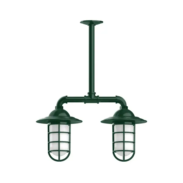 Maximize your light output with our Multi-Light Stem Hung Pendants. Illuminate an outdoor or indoor kitchen island or dining table, hang over a sink or in the bath. The industrial look works well in both commercial and residential applications. Our weathertight glass and guard will protect your light source from damage in a storm, as well as light your way in great nautical style. Collection: Vaportite Finish: Forest Green Glass: 5 inch Vaportite Notes: Option (2) A19 LED and 1-Integrated 8W Width: 8.25" Height: 39.00" Length: 19.75" Weight: 13.00 lb Extension from Wall: 19.75" Canopy: 4.125" diameter Number of Bulbs: 2 Maximum Wattage: 100.00 W Bulb Type: A19 Bulb Base: E26 Medium Light Source: Incandescent or LED equivalent Dimmable Voltage: 120.00 V Country of Origin: US Safety Listing: UL/cUL Safety Rating: Wet Dark Sky LED Manufacturer Warranty: 1-year limited warranty on the fixture.