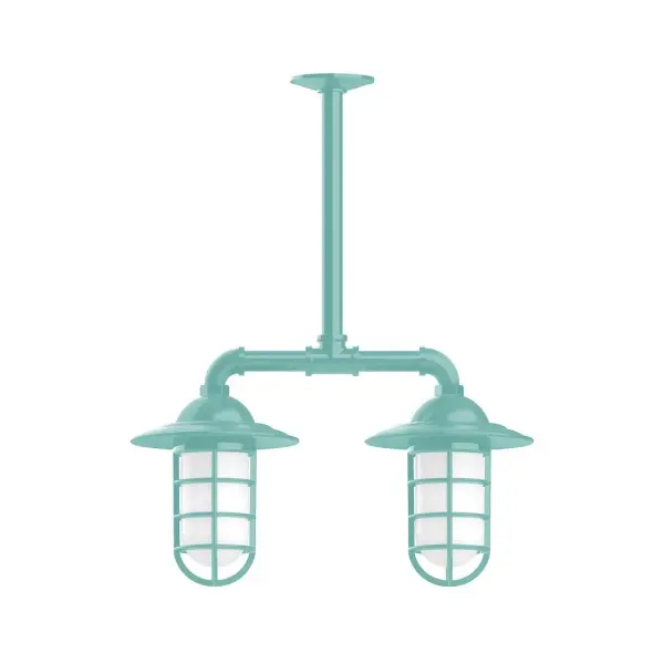 Maximize your light output with our Multi-Light Stem Hung Pendants. Illuminate an outdoor or indoor kitchen island or dining table, hang over a sink or in the bath. The industrial look works well in both commercial and residential applications. Our weathertight glass and guard will protect your light source from damage in a storm, as well as light your way in great nautical style. Collection: Vaportite Finish: Sea Green Glass: 5 inch Vaportite Notes: Option (2) A19 LED and 1-Integrated 8W Width: 8.25" Height: 21.00" Length: 19.75" Weight: 13.00 lb Extension from Wall: 19.75" Canopy: 4.125" diameter Number of Bulbs: 2 Maximum Wattage: 100.00 W Bulb Type: A19 Bulb Base: E26 Medium Light Source: Incandescent or LED equivalent Dimmable Voltage: 120.00 V Country of Origin: US Safety Listing: UL/cUL Safety Rating: Wet Dark Sky LED Manufacturer Warranty: 1-year limited warranty on the fixture.