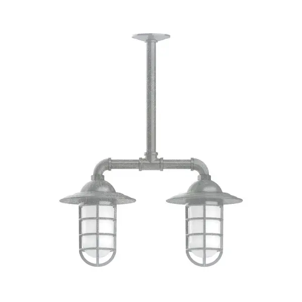 Maximize your light output with our Multi-Light Stem Hung Pendants. Illuminate an outdoor or indoor kitchen island or dining table, hang over a sink or in the bath. The industrial look works well in both commercial and residential applications. Our weathertight glass and guard will protect your light source from damage in a storm, as well as light your way in great nautical style. Collection: Vaportite Finish: Painted Galvanized Glass: 5 inch Vaportite Notes: Option (2) A19 LED and 1-Integrated 8W Width: 8.25" Height: 33.00" Length: 19.75" Weight: 13.00 lb Extension from Wall: 19.75" Canopy: 4.125" diameter Number of Bulbs: 2 Maximum Wattage: 100.00 W Bulb Type: A19 Bulb Base: E26 Medium Light Source: Incandescent or LED equivalent Dimmable Voltage: 120.00 V Country of Origin: US Safety Listing: UL/cUL Safety Rating: Wet Dark Sky LED Manufacturer Warranty: 1-year limited warranty on the fixture.