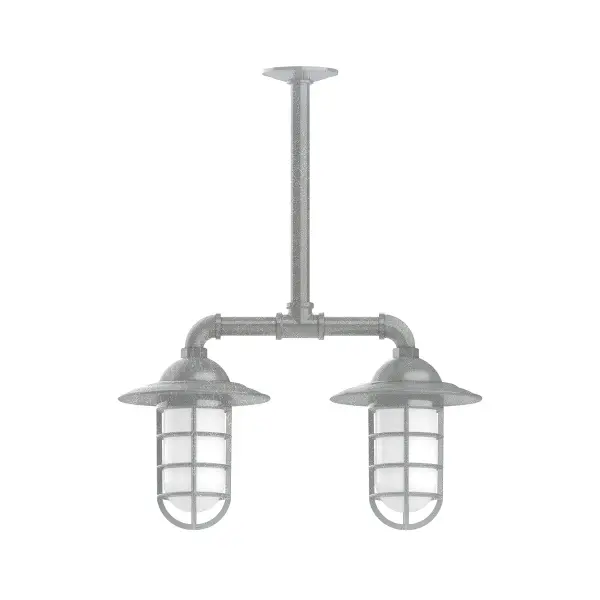 Maximize your light output with our Multi-Light Stem Hung Pendants. Illuminate an outdoor or indoor kitchen island or dining table, hang over a sink or in the bath. The industrial look works well in both commercial and residential applications. Our weathertight glass and guard will protect your light source from damage in a storm, as well as light your way in great nautical style. Collection: Vaportite Finish: Painted Galvanized Glass: 5 inch Vaportite Notes: Option (2) A19 LED and 1-Integrated 8W Width: 8.25" Height: 33.00" Length: 19.75" Weight: 13.00 lb Extension from Wall: 19.75" Canopy: 4.125" diameter Number of Bulbs: 2 Maximum Wattage: 100.00 W Bulb Type: A19 Bulb Base: E26 Medium Light Source: Incandescent or LED equivalent Dimmable Voltage: 120.00 V Country of Origin: US Safety Listing: UL/cUL Safety Rating: Wet Dark Sky LED Manufacturer Warranty: 1-year limited warranty on the fixture.