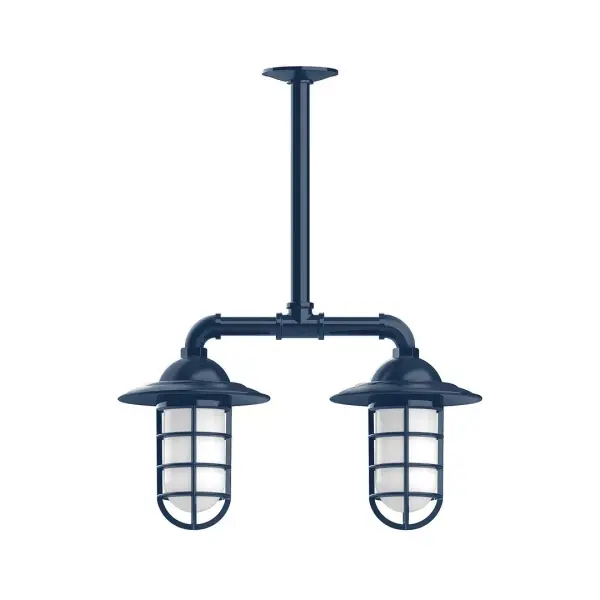 Maximize your light output with our Multi-Light Stem Hung Pendants. Illuminate an outdoor or indoor kitchen island or dining table, hang over a sink or in the bath. The industrial look works well in both commercial and residential applications. Our weathertight glass and guard will protect your light source from damage in a storm, as well as light your way in great nautical style. Collection: Vaportite Finish: Navy Glass: 5 inch Vaportite Notes: Option (2) A19 LED and 1-Integrated 8W Width: 8.25" Height: 21.00" Length: 19.75" Weight: 13.00 lb Extension from Wall: 19.75" Canopy: 4.125" diameter Number of Bulbs: 2 Maximum Wattage: 100.00 W Bulb Type: A19 Bulb Base: E26 Medium Light Source: Incandescent or LED equivalent Dimmable Voltage: 120.00 V Country of Origin: US Safety Listing: UL/cUL Safety Rating: Wet Dark Sky LED Manufacturer Warranty: 1-year limited warranty on the fixture.