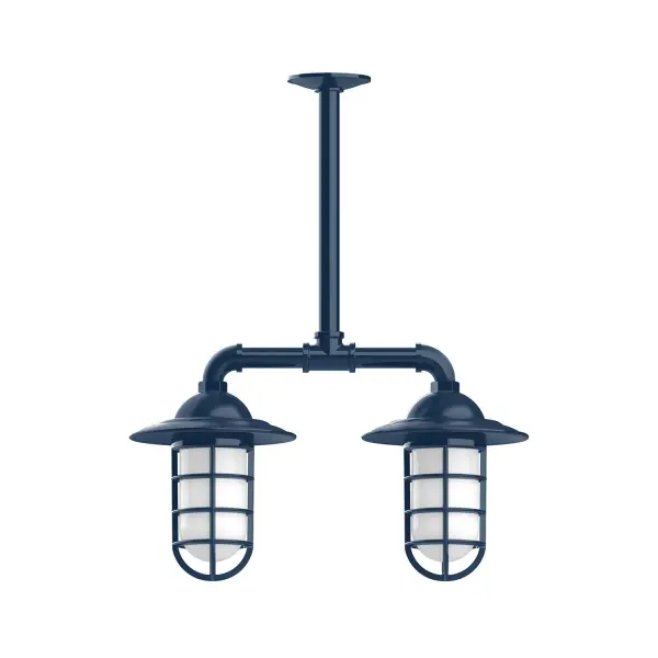 Maximize your light output with our Multi-Light Stem Hung Pendants. Illuminate an outdoor or indoor kitchen island or dining table, hang over a sink or in the bath. The industrial look works well in both commercial and residential applications. Our weathertight glass and guard will protect your light source from damage in a storm, as well as light your way in great nautical style. Collection: Vaportite Finish: Navy Glass: 5 inch Vaportite Notes: Option (2) A19 LED and 1-Integrated 8W Width: 8.25" Height: 45.00" Length: 19.75" Weight: 13.00 lb Extension from Wall: 19.75" Canopy: 4.125" diameter Number of Bulbs: 2 Maximum Wattage: 100.00 W Bulb Type: A19 Bulb Base: E26 Medium Light Source: Incandescent or LED equivalent Dimmable Voltage: 120.00 V Country of Origin: US Safety Listing: UL/cUL Safety Rating: Wet Dark Sky LED Manufacturer Warranty: 1-year limited warranty on the fixture.