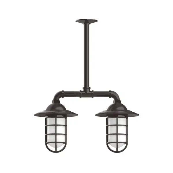 Maximize your light output with our Multi-Light Stem Hung Pendants. Illuminate an outdoor or indoor kitchen island or dining table, hang over a sink or in the bath. The industrial look works well in both commercial and residential applications. Our weathertight glass and guard will protect your light source from damage in a storm, as well as light your way in great nautical style. Collection: Vaportite Finish: Architectural Bronze Glass: 5 inch Vaportite Notes: Option (2) A19 LED and 1-Integrated 8W Width: 8.25" Height: 21.00" Length: 19.75" Weight: 13.00 lb Extension from Wall: 19.75" Canopy: 4.125" diameter Number of Bulbs: 2 Maximum Wattage: 100.00 W Bulb Type: A19 Bulb Base: E26 Medium Light Source: Incandescent or LED equivalent Dimmable Voltage: 120.00 V Country of Origin: US Safety Listing: UL/cUL Safety Rating: Wet Dark Sky LED Manufacturer Warranty: 1-year limited warranty on the fixture.