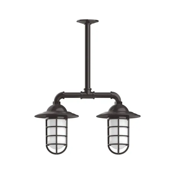Maximize your light output with our Multi-Light Stem Hung Pendants. Illuminate an outdoor or indoor kitchen island or dining table, hang over a sink or in the bath. The industrial look works well in both commercial and residential applications. Our weathertight glass and guard will protect your light source from damage in a storm, as well as light your way in great nautical style. Collection: Vaportite Finish: Architectural Bronze Glass: 5 inch Vaportite Notes: Option (2) A19 LED and 1-Integrated 8W Width: 8.25" Height: 45.00" Length: 19.75" Weight: 13.00 lb Extension from Wall: 19.75" Canopy: 4.125" diameter Number of Bulbs: 2 Maximum Wattage: 100.00 W Bulb Type: A19 Bulb Base: E26 Medium Light Source: Incandescent or LED equivalent Dimmable Voltage: 120.00 V Country of Origin: US Safety Listing: UL/cUL Safety Rating: Wet Dark Sky LED Manufacturer Warranty: 1-year limited warranty on the fixture.