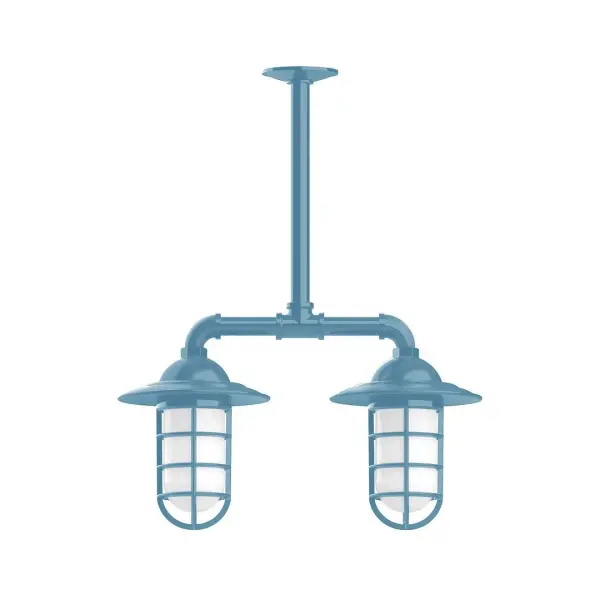 Maximize your light output with our Multi-Light Stem Hung Pendants. Illuminate an outdoor or indoor kitchen island or dining table, hang over a sink or in the bath. The industrial look works well in both commercial and residential applications. Our weathertight glass and guard will protect your light source from damage in a storm, as well as light your way in great nautical style. Collection: Vaportite Finish: Light Blue Glass: 5 inch Vaportite Notes: Option (2) A19 LED and 1-Integrated 8W Width: 8.25" Height: 21.00" Length: 19.75" Weight: 13.00 lb Extension from Wall: 19.75" Canopy: 4.125" diameter Number of Bulbs: 2 Maximum Wattage: 100.00 W Bulb Type: A19 Bulb Base: E26 Medium Light Source: Incandescent or LED equivalent Dimmable Voltage: 120.00 V Country of Origin: US Safety Listing: UL/cUL Safety Rating: Wet Dark Sky LED Manufacturer Warranty: 1-year limited warranty on the fixture.