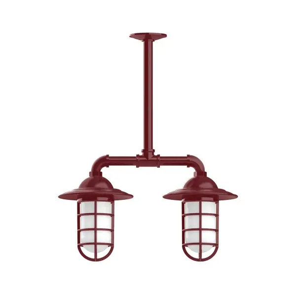 Maximize your light output with our Multi-Light Stem Hung Pendants. Illuminate an outdoor or indoor kitchen island or dining table, hang over a sink or in the bath. The industrial look works well in both commercial and residential applications. Our weathertight glass and guard will protect your light source from damage in a storm, as well as light your way in great nautical style. Collection: Vaportite Finish: Barn Red Glass: 5 inch Vaportite Notes: Option (2) A19 LED and 1-Integrated 8W Width: 8.25" Height: 21.00" Length: 19.75" Weight: 13.00 lb Extension from Wall: 19.75" Canopy: 4.125" diameter Number of Bulbs: 2 Maximum Wattage: 100.00 W Bulb Type: A19 Bulb Base: E26 Medium Light Source: Incandescent or LED equivalent Dimmable Voltage: 120.00 V Country of Origin: US Safety Listing: UL/cUL Safety Rating: Wet Dark Sky LED Manufacturer Warranty: 1-year limited warranty on the fixture.