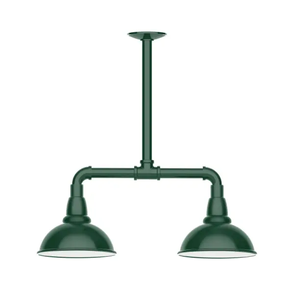 Maximize your light output with our 2-Light Multi-Light Stem Hung Pendants. Illuminate an outdoor or indoor kitchen island or dining table, this industrial look works well in both commercial and residential applications. Our Cafe shades will help transform your outdoor living area into a warm and intimate gathering space. Collection: Cafe Finish: Forest Green Glass: 8 inch Cafe Notes: Option (2) A19 LED and 3-Integrated 8W, 10W, 15W Width: 8.13" Height: 20.50" Length: 22.13" Weight: 18.00 lb Canopy: 4.125" diameter Number of Bulbs: 2 Maximum Wattage: 100.00 W Bulb Type: A19 Bulb Base: E26 Medium Light Source: Incandescent or LED equivalent Dimmable Voltage: 120.00 V Country of Origin: US Safety Listing: UL/cUL Safety Rating: Wet Dark Sky LED Manufacturer Warranty: 1-year limited warranty on the fixture.