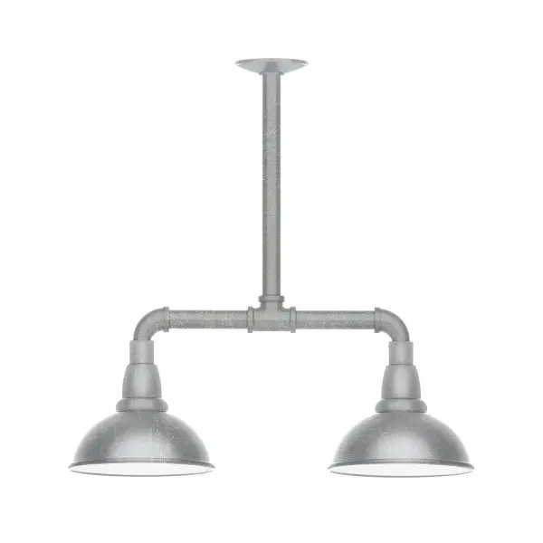 Maximize your light output with our 2-Light Multi-Light Stem Hung Pendants. Illuminate an outdoor or indoor kitchen island or dining table, this industrial look works well in both commercial and residential applications. Our Cafe shades will help transform your outdoor living area into a warm and intimate gathering space. Collection: Cafe Finish: Painted Galvanized Glass: 8 inch Cafe Notes: Option (2) A19 LED and 3-Integrated 8W, 10W, 15W Width: 8.13" Height: 20.50" Length: 22.13" Weight: 18.00 lb Canopy: 4.125" diameter Number of Bulbs: 2 Maximum Wattage: 100.00 W Bulb Type: A19 Bulb Base: E26 Medium Light Source: Incandescent or LED equivalent Dimmable Voltage: 120.00 V Country of Origin: US Safety Listing: UL/cUL Safety Rating: Wet Dark Sky LED Manufacturer Warranty: 1-year limited warranty on the fixture.