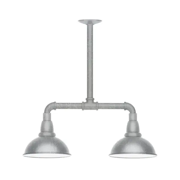 Maximize your light output with our 2-Light Multi-Light Stem Hung Pendants. Illuminate an outdoor or indoor kitchen island or dining table, this industrial look works well in both commercial and residential applications. Our Cafe shades will help transform your outdoor living area into a warm and intimate gathering space. Collection: Cafe Finish: Painted Galvanized Glass: 8 inch Cafe Notes: Option (2) A19 LED and 3-Integrated 8W, 10W, 15W Width: 8.13" Height: 20.50" Length: 22.13" Weight: 18.00 lb Canopy: 4.125" diameter Number of Bulbs: 2 Maximum Wattage: 100.00 W Bulb Type: A19 Bulb Base: E26 Medium Light Source: Incandescent or LED equivalent Dimmable Voltage: 120.00 V Country of Origin: US Safety Listing: UL/cUL Safety Rating: Wet Dark Sky LED Manufacturer Warranty: 1-year limited warranty on the fixture.