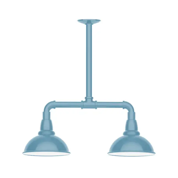 Maximize your light output with our 2-Light Multi-Light Stem Hung Pendants. Illuminate an outdoor or indoor kitchen island or dining table, this industrial look works well in both commercial and residential applications. Our Cafe shades will help transform your outdoor living area into a warm and intimate gathering space. Collection: Cafe Finish: Light Blue Glass: 8 inch Cafe Notes: Option (2) A19 LED and 3-Integrated 8W, 10W, 15W Width: 8.13" Height: 20.50" Length: 22.13" Weight: 18.00 lb Canopy: 4.125" diameter Number of Bulbs: 2 Maximum Wattage: 100.00 W Bulb Type: A19 Bulb Base: E26 Medium Light Source: Incandescent or LED equivalent Dimmable Voltage: 120.00 V Country of Origin: US Safety Listing: UL/cUL Safety Rating: Wet Dark Sky LED Manufacturer Warranty: 1-year limited warranty on the fixture.