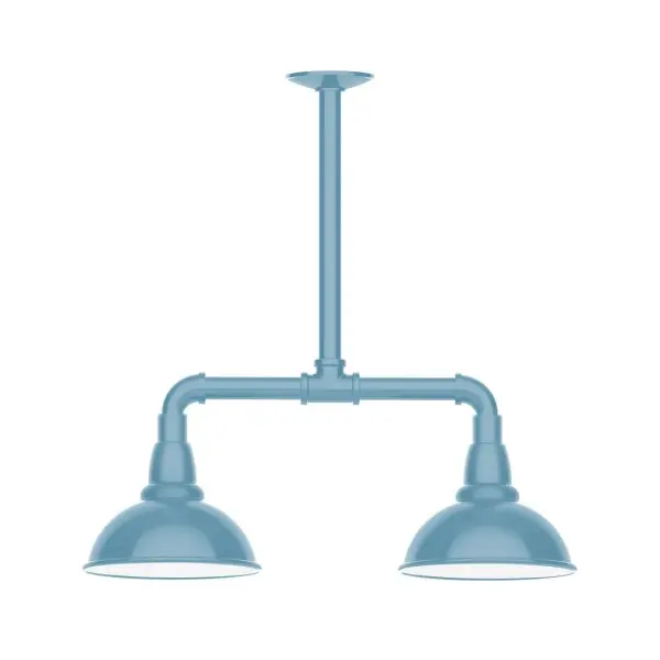Maximize your light output with our 2-Light Multi-Light Stem Hung Pendants. Illuminate an outdoor or indoor kitchen island or dining table, this industrial look works well in both commercial and residential applications. Our Cafe shades will help transform your outdoor living area into a warm and intimate gathering space. Collection: Cafe Finish: Light Blue Glass: 8 inch Cafe Notes: Option (2) A19 LED and 3-Integrated 8W, 10W, 15W Width: 8.13" Height: 20.50" Length: 22.13" Weight: 18.00 lb Canopy: 4.125" diameter Number of Bulbs: 2 Maximum Wattage: 100.00 W Bulb Type: A19 Bulb Base: E26 Medium Light Source: Incandescent or LED equivalent Dimmable Voltage: 120.00 V Country of Origin: US Safety Listing: UL/cUL Safety Rating: Wet Dark Sky LED Manufacturer Warranty: 1-year limited warranty on the fixture.