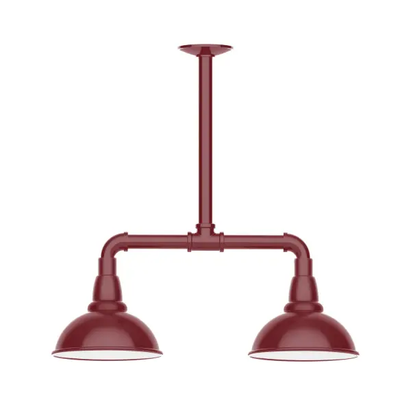 Maximize your light output with our 2-Light Multi-Light Stem Hung Pendants. Illuminate an outdoor or indoor kitchen island or dining table, this industrial look works well in both commercial and residential applications. Our Cafe shades will help transform your outdoor living area into a warm and intimate gathering space. Collection: Cafe Finish: Barn Red Glass: 8 inch Cafe Notes: Option (2) A19 LED and 3-Integrated 8W, 10W, 15W Width: 8.13" Height: 20.50" Length: 22.13" Weight: 18.00 lb Canopy: 4.125" diameter Number of Bulbs: 2 Maximum Wattage: 100.00 W Bulb Type: A19 Bulb Base: E26 Medium Light Source: Incandescent or LED equivalent Dimmable Voltage: 120.00 V Country of Origin: US Safety Listing: UL/cUL Safety Rating: Wet Dark Sky LED Manufacturer Warranty: 1-year limited warranty on the fixture.