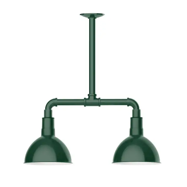 Maximize your light output with our 2-Light Multi-Light Stem Hung Pendants. Illuminate an outdoor or indoor kitchen island or dining table, this industrial look works well in both commercial and residential applications. Our Deep Bowl shade, the ultimate domed reflector, is classic in shape and offers great light output. Collection: Deep Bowl Finish: Forest Green Glass: 8 inch Deep Bowl Width: 8.00" Height: 22.00" Length: 22.00" Weight: 18.00 lb Canopy: 4.125" diameter Number of Bulbs: 2 Maximum Wattage: 8.00 W Light Source: LED Light Output: 800.00 lm Color Temperature: 3000 K CRI: 90 Dimmable Rated Average Life: 50,000 Voltage: 120.00 V Country of Origin: US Safety Listing: UL/cUL Safety Rating: Wet Dark Sky LED Manufacturer Warranty: 1-year limited warranty on the fixture.
