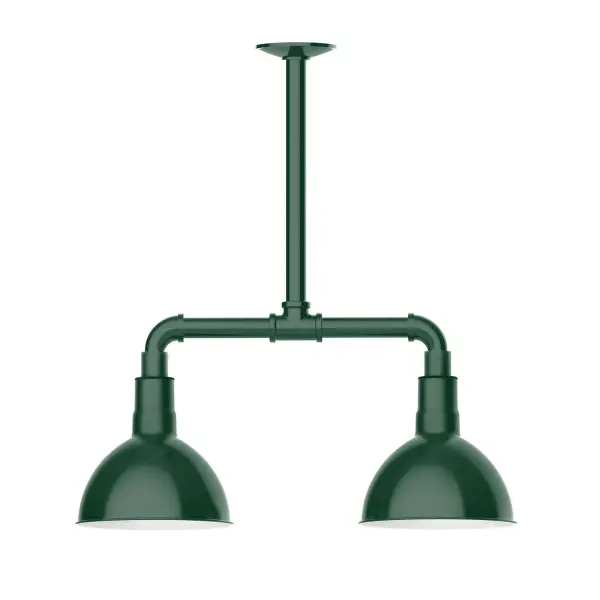 Maximize your light output with our 2-Light Multi-Light Stem Hung Pendants. Illuminate an outdoor or indoor kitchen island or dining table, this industrial look works well in both commercial and residential applications. Our Deep Bowl shade, the ultimate domed reflector, is classic in shape and offers great light output. Collection: Deep Bowl Finish: Forest Green Glass: 8 inch Deep Bowl Notes: Option (2) A19 LED and 3-Integrated 8W, 10W, 15W Width: 8.00" Height: 22.00" Length: 22.00" Weight: 18.00 lb Canopy: 4.125" diameter Number of Bulbs: 2 Maximum Wattage: 100.00 W Bulb Type: A19 Bulb Base: E26 Medium Light Source: Incandescent or LED equivalent Dimmable Voltage: 120.00 V Country of Origin: US Safety Listing: UL/cUL Safety Rating: Wet Dark Sky LED Manufacturer Warranty: 1-year limited warranty on the fixture.