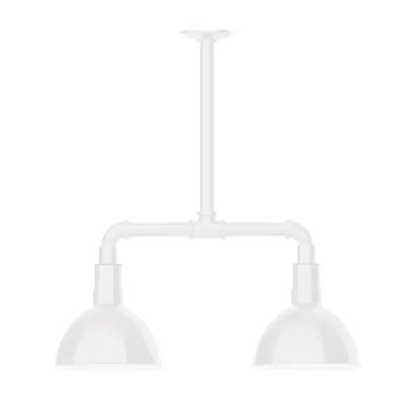 Maximize your light output with our 2-Light Multi-Light Stem Hung Pendants. Illuminate an outdoor or indoor kitchen island or dining table, this industrial look works well in both commercial and residential applications. Our Deep Bowl shade, the ultimate domed reflector, is classic in shape and offers great light output. Collection: Deep Bowl Finish: White Glass: 8 inch Deep Bowl Notes: Option (2) A19 LED and 3-Integrated 8W, 10W, 15W Width: 8.00" Height: 22.00" Length: 22.00" Weight: 18.00 lb Canopy: 4.125" diameter Number of Bulbs: 2 Maximum Wattage: 100.00 W Bulb Type: A19 Bulb Base: E26 Medium Light Source: Incandescent or LED equivalent Dimmable Voltage: 120.00 V Country of Origin: US Safety Listing: UL/cUL Safety Rating: Wet Dark Sky LED Manufacturer Warranty: 1-year limited warranty on the fixture.