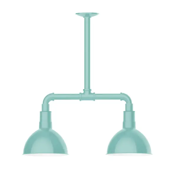 Maximize your light output with our 2-Light Multi-Light Stem Hung Pendants. Illuminate an outdoor or indoor kitchen island or dining table, this industrial look works well in both commercial and residential applications. Our Deep Bowl shade, the ultimate domed reflector, is classic in shape and offers great light output. Collection: Deep Bowl Finish: Sea Green Glass: 8 inch Deep Bowl Notes: Option (2) A19 LED and 3-Integrated 8W, 10W, 15W Width: 8.00" Height: 22.00" Length: 22.00" Weight: 18.00 lb Canopy: 4.125" diameter Number of Bulbs: 2 Maximum Wattage: 100.00 W Bulb Type: A19 Bulb Base: E26 Medium Light Source: Incandescent or LED equivalent Dimmable Voltage: 120.00 V Country of Origin: US Safety Listing: UL/cUL Safety Rating: Wet Dark Sky LED Manufacturer Warranty: 1-year limited warranty on the fixture.
