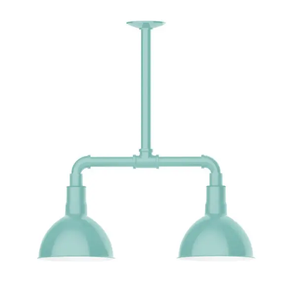 Maximize your light output with our 2-Light Multi-Light Stem Hung Pendants. Illuminate an outdoor or indoor kitchen island or dining table, this industrial look works well in both commercial and residential applications. Our Deep Bowl shade, the ultimate domed reflector, is classic in shape and offers great light output. Collection: Deep Bowl Finish: Sea Green Glass: 8 inch Deep Bowl Width: 8.00" Height: 22.00" Length: 22.00" Weight: 18.00 lb Canopy: 4.125" diameter Number of Bulbs: 2 Maximum Wattage: 8.00 W Light Source: LED Light Output: 800.00 lm Color Temperature: 3000 K CRI: 90 Dimmable Rated Average Life: 50,000 Voltage: 120.00 V Country of Origin: US Safety Listing: UL/cUL Safety Rating: Wet Dark Sky LED Manufacturer Warranty: 1-year limited warranty on the fixture.