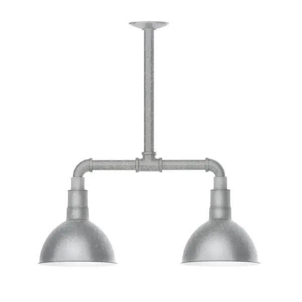 Maximize your light output with our 2-Light Multi-Light Stem Hung Pendants. Illuminate an outdoor or indoor kitchen island or dining table, this industrial look works well in both commercial and residential applications. Our Deep Bowl shade, the ultimate domed reflector, is classic in shape and offers great light output. Collection: Deep Bowl Finish: Painted Galvanized Glass: 8 inch Deep Bowl Width: 8.00" Height: 22.00" Length: 22.00" Weight: 18.00 lb Canopy: 4.125" diameter Number of Bulbs: 2 Maximum Wattage: 8.00 W Light Source: LED Light Output: 800.00 lm Color Temperature: 3000 K CRI: 90 Dimmable Rated Average Life: 50,000 Voltage: 120.00 V Country of Origin: US Safety Listing: UL/cUL Safety Rating: Wet Dark Sky LED Manufacturer Warranty: 1-year limited warranty on the fixture.