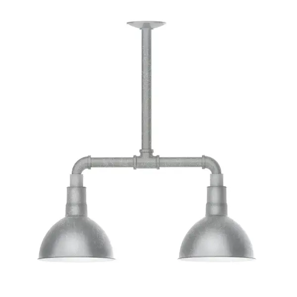 Maximize your light output with our 2-Light Multi-Light Stem Hung Pendants. Illuminate an outdoor or indoor kitchen island or dining table, this industrial look works well in both commercial and residential applications. Our Deep Bowl shade, the ultimate domed reflector, is classic in shape and offers great light output. Collection: Deep Bowl Finish: Painted Galvanized Glass: 8 inch Deep Bowl Notes: Option (2) A19 LED and 3-Integrated 8W, 10W, 15W Width: 8.00" Height: 22.00" Length: 22.00" Weight: 18.00 lb Canopy: 4.125" diameter Number of Bulbs: 2 Maximum Wattage: 100.00 W Bulb Type: A19 Bulb Base: E26 Medium Light Source: Incandescent or LED equivalent Dimmable Voltage: 120.00 V Country of Origin: US Safety Listing: UL/cUL Safety Rating: Wet Dark Sky LED Manufacturer Warranty: 1-year limited warranty on the fixture.