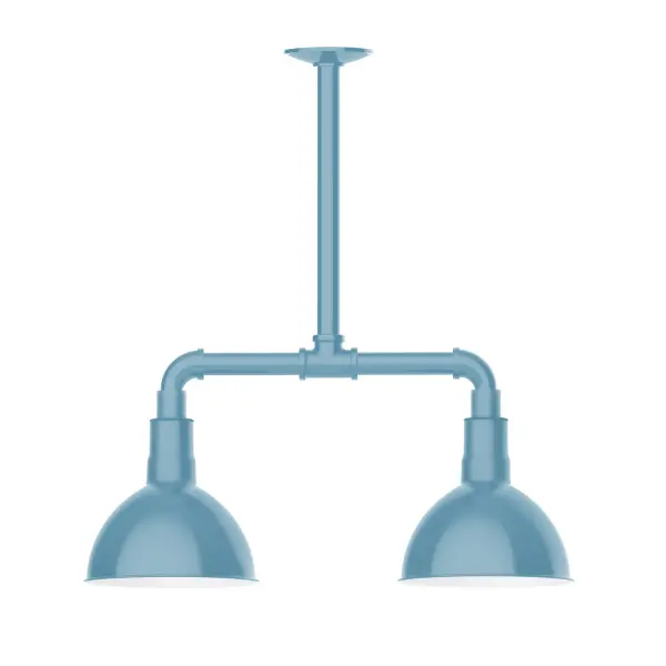 Maximize your light output with our 2-Light Multi-Light Stem Hung Pendants. Illuminate an outdoor or indoor kitchen island or dining table, this industrial look works well in both commercial and residential applications. Our Deep Bowl shade, the ultimate domed reflector, is classic in shape and offers great light output. Collection: Deep Bowl Finish: Light Blue Glass: 8 inch Deep Bowl Notes: Option (2) A19 LED and 3-Integrated 8W, 10W, 15W Width: 8.00" Height: 22.00" Length: 22.00" Weight: 18.00 lb Canopy: 4.125" diameter Number of Bulbs: 2 Maximum Wattage: 100.00 W Bulb Type: A19 Bulb Base: E26 Medium Light Source: Incandescent or LED equivalent Dimmable Voltage: 120.00 V Country of Origin: US Safety Listing: UL/cUL Safety Rating: Wet Dark Sky LED Manufacturer Warranty: 1-year limited warranty on the fixture.