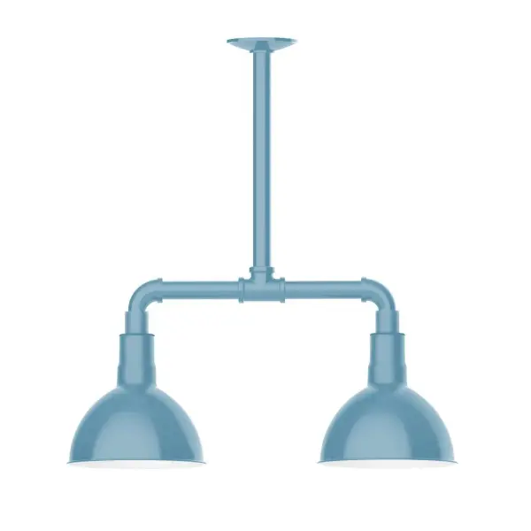 Maximize your light output with our 2-Light Multi-Light Stem Hung Pendants. Illuminate an outdoor or indoor kitchen island or dining table, this industrial look works well in both commercial and residential applications. Our Deep Bowl shade, the ultimate domed reflector, is classic in shape and offers great light output. Collection: Deep Bowl Finish: Light Blue Glass: 8 inch Deep Bowl Notes: Option (2) A19 LED and 3-Integrated 8W, 10W, 15W Width: 8.00" Height: 22.00" Length: 22.00" Weight: 18.00 lb Canopy: 4.125" diameter Number of Bulbs: 2 Maximum Wattage: 100.00 W Bulb Type: A19 Bulb Base: E26 Medium Light Source: Incandescent or LED equivalent Dimmable Voltage: 120.00 V Country of Origin: US Safety Listing: UL/cUL Safety Rating: Wet Dark Sky LED Manufacturer Warranty: 1-year limited warranty on the fixture.