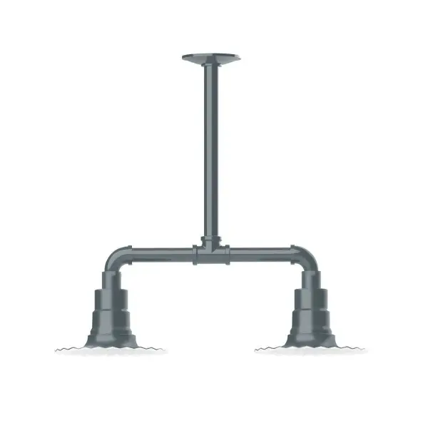 Maximize your light output with our 2-Light Multi-Light Stem Hung Pendants. Illuminate an outdoor or indoor kitchen island or dining table, this industrial look works well in both commercial and residential applications. The Radial Shade is fluted to allow water to flow off its surface, suitable for seaside and non-seaside locales. Collection: Radial Finish: Slate Gray Glass: 8 inch Radial Notes: Option (2) A19 LED and 3-Integrated 8W, 10W, 15W Width: 8.00" Height: 19.25" Length: 22.00" Weight: 18.00 lb Canopy: 4.125" diameter Number of Bulbs: 2 Maximum Wattage: 100.00 W Bulb Type: A19 Bulb Base: E26 Medium Light Source: Incandescent or LED equivalent Dimmable Voltage: 120.00 V Country of Origin: US Safety Listing: UL/cUL Safety Rating: Wet Dark Sky LED Manufacturer Warranty: 1-year limited warranty on the fixture.