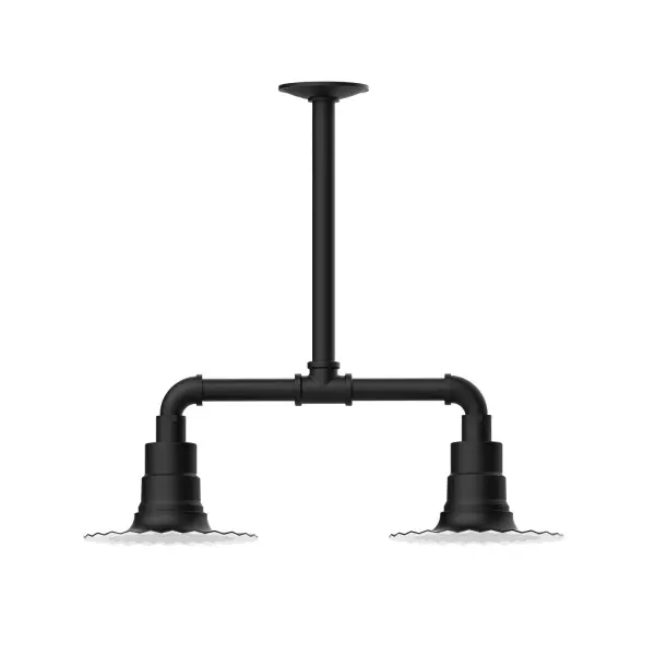 Maximize your light output with our 2-Light Multi-Light Stem Hung Pendants. Illuminate an outdoor or indoor kitchen island or dining table, this industrial look works well in both commercial and residential applications. The Radial Shade is fluted to allow water to flow off its surface, suitable for seaside and non-seaside locales. Collection: Radial Finish: Black Glass: 8 inch Radial Notes: Option (2) A19 LED and 3-Integrated 8W, 10W, 15W Width: 8.00" Height: 19.25" Length: 22.00" Weight: 18.00 lb Canopy: 4.125" diameter Number of Bulbs: 2 Maximum Wattage: 100.00 W Bulb Type: A19 Bulb Base: E26 Medium Light Source: Incandescent or LED equivalent Dimmable Voltage: 120.00 V Country of Origin: US Safety Listing: UL/cUL Safety Rating: Wet Dark Sky LED Manufacturer Warranty: 1-year limited warranty on the fixture.