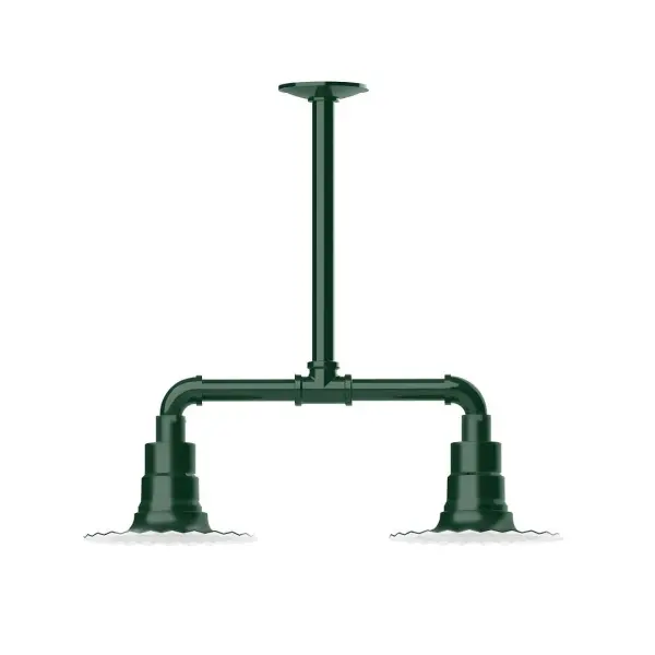 Maximize your light output with our 2-Light Multi-Light Stem Hung Pendants. Illuminate an outdoor or indoor kitchen island or dining table, this industrial look works well in both commercial and residential applications. The Radial Shade is fluted to allow water to flow off its surface, suitable for seaside and non-seaside locales. Collection: Radial Finish: Forest Green Glass: 8 inch Radial Notes: Option (2) A19 LED and 3-Integrated 8W, 10W, 15W Width: 8.00" Height: 19.25" Length: 22.00" Weight: 18.00 lb Canopy: 4.125" diameter Number of Bulbs: 2 Maximum Wattage: 100.00 W Bulb Type: A19 Bulb Base: E26 Medium Light Source: Incandescent or LED equivalent Dimmable Voltage: 120.00 V Country of Origin: US Safety Listing: UL/cUL Safety Rating: Wet Dark Sky LED Manufacturer Warranty: 1-year limited warranty on the fixture.