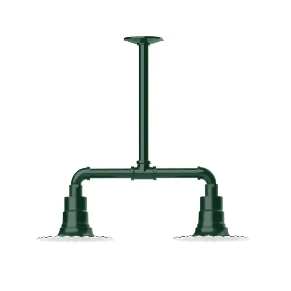 Maximize your light output with our 2-Light Multi-Light Stem Hung Pendants. Illuminate an outdoor or indoor kitchen island or dining table, this industrial look works well in both commercial and residential applications. The Radial Shade is fluted to allow water to flow off its surface, suitable for seaside and non-seaside locales. Collection: Radial Finish: Forest Green Glass: 8 inch Radial Notes: Option (2) A19 LED and 3-Integrated 8W, 10W, 15W Width: 8.00" Height: 19.25" Length: 22.00" Weight: 18.00 lb Canopy: 4.125" diameter Number of Bulbs: 2 Maximum Wattage: 100.00 W Bulb Type: A19 Bulb Base: E26 Medium Light Source: Incandescent or LED equivalent Dimmable Voltage: 120.00 V Country of Origin: US Safety Listing: UL/cUL Safety Rating: Wet Dark Sky LED Manufacturer Warranty: 1-year limited warranty on the fixture.