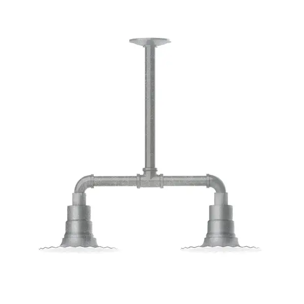 Maximize your light output with our 2-Light Multi-Light Stem Hung Pendants. Illuminate an outdoor or indoor kitchen island or dining table, this industrial look works well in both commercial and residential applications. The Radial Shade is fluted to allow water to flow off its surface, suitable for seaside and non-seaside locales. Collection: Radial Finish: Painted Galvanized Glass: 8 inch Radial Notes: Option (2) A19 LED and 3-Integrated 8W, 10W, 15W Width: 8.00" Height: 19.25" Length: 22.00" Weight: 18.00 lb Canopy: 4.125" diameter Number of Bulbs: 2 Maximum Wattage: 100.00 W Bulb Type: A19 Bulb Base: E26 Medium Light Source: Incandescent or LED equivalent Dimmable Voltage: 120.00 V Country of Origin: US Safety Listing: UL/cUL Safety Rating: Wet Dark Sky LED Manufacturer Warranty: 1-year limited warranty on the fixture.