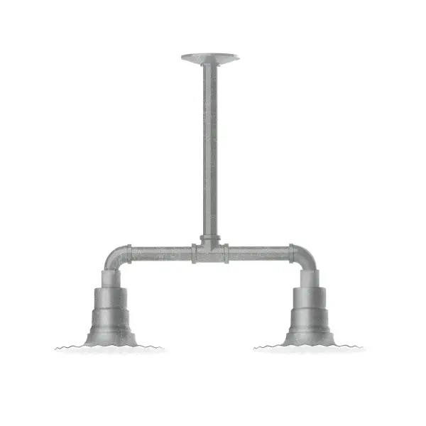 Maximize your light output with our 2-Light Multi-Light Stem Hung Pendants. Illuminate an outdoor or indoor kitchen island or dining table, this industrial look works well in both commercial and residential applications. The Radial Shade is fluted to allow water to flow off its surface, suitable for seaside and non-seaside locales. Collection: Radial Finish: Painted Galvanized Glass: 8 inch Radial Notes: Option (2) A19 LED and 3-Integrated 8W, 10W, 15W Width: 8.00" Height: 19.25" Length: 22.00" Weight: 18.00 lb Canopy: 4.125" diameter Number of Bulbs: 2 Maximum Wattage: 100.00 W Bulb Type: A19 Bulb Base: E26 Medium Light Source: Incandescent or LED equivalent Dimmable Voltage: 120.00 V Country of Origin: US Safety Listing: UL/cUL Safety Rating: Wet Dark Sky LED Manufacturer Warranty: 1-year limited warranty on the fixture.