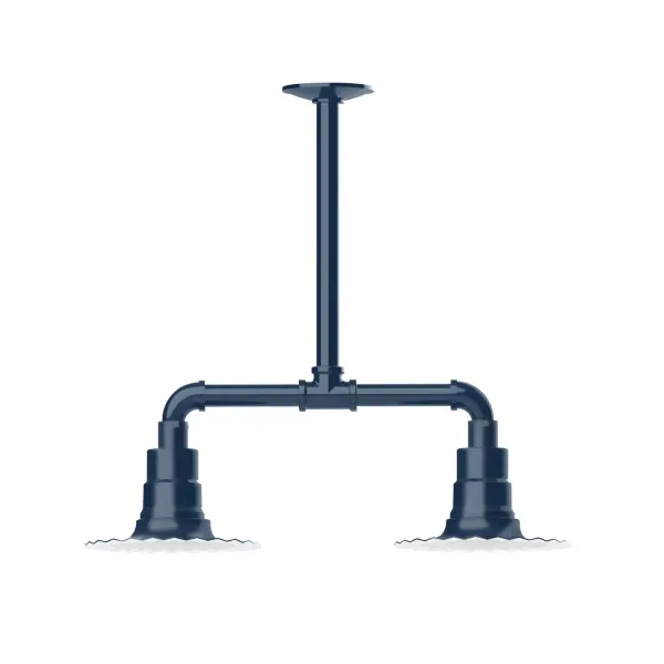 Maximize your light output with our 2-Light Multi-Light Stem Hung Pendants. Illuminate an outdoor or indoor kitchen island or dining table, this industrial look works well in both commercial and residential applications. The Radial Shade is fluted to allow water to flow off its surface, suitable for seaside and non-seaside locales. Collection: Radial Finish: Navy Glass: 8 inch Radial Notes: Option (2) A19 LED and 3-Integrated 8W, 10W, 15W Width: 8.00" Height: 19.25" Length: 22.00" Weight: 18.00 lb Canopy: 4.125" diameter Number of Bulbs: 2 Maximum Wattage: 100.00 W Bulb Type: A19 Bulb Base: E26 Medium Light Source: Incandescent or LED equivalent Dimmable Voltage: 120.00 V Country of Origin: US Safety Listing: UL/cUL Safety Rating: Wet Dark Sky LED Manufacturer Warranty: 1-year limited warranty on the fixture.