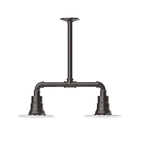 Maximize your light output with our 2-Light Multi-Light Stem Hung Pendants. Illuminate an outdoor or indoor kitchen island or dining table, this industrial look works well in both commercial and residential applications. The Radial Shade is fluted to allow water to flow off its surface, suitable for seaside and non-seaside locales. Collection: Radial Finish: Architectural Bronze Glass: 8 inch Radial Notes: Option (2) A19 LED and 3-Integrated 8W, 10W, 15W Width: 8.00" Height: 19.25" Length: 22.00" Weight: 18.00 lb Canopy: 4.125" diameter Number of Bulbs: 2 Maximum Wattage: 100.00 W Bulb Type: A19 Bulb Base: E26 Medium Light Source: Incandescent or LED equivalent Dimmable Voltage: 120.00 V Country of Origin: US Safety Listing: UL/cUL Safety Rating: Wet Dark Sky LED Manufacturer Warranty: 1-year limited warranty on the fixture.