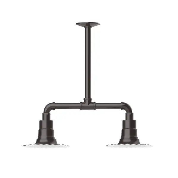 Maximize your light output with our 2-Light Multi-Light Stem Hung Pendants. Illuminate an outdoor or indoor kitchen island or dining table, this industrial look works well in both commercial and residential applications. The Radial Shade is fluted to allow water to flow off its surface, suitable for seaside and non-seaside locales. Collection: Radial Finish: Architectural Bronze Glass: 8 inch Radial Notes: Option (2) A19 LED and 3-Integrated 8W, 10W, 15W Width: 8.00" Height: 19.25" Length: 22.00" Weight: 18.00 lb Canopy: 4.125" diameter Number of Bulbs: 2 Maximum Wattage: 100.00 W Bulb Type: A19 Bulb Base: E26 Medium Light Source: Incandescent or LED equivalent Dimmable Voltage: 120.00 V Country of Origin: US Safety Listing: UL/cUL Safety Rating: Wet Dark Sky LED Manufacturer Warranty: 1-year limited warranty on the fixture.