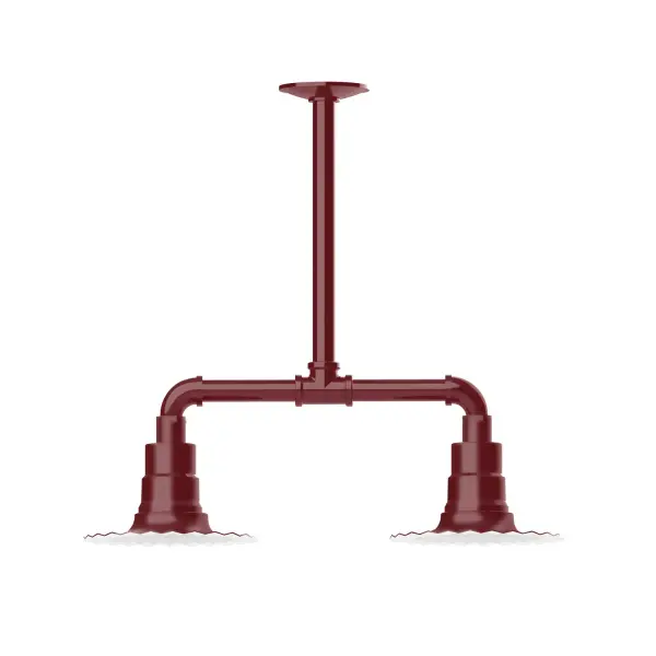 Maximize your light output with our 2-Light Multi-Light Stem Hung Pendants. Illuminate an outdoor or indoor kitchen island or dining table, this industrial look works well in both commercial and residential applications. The Radial Shade is fluted to allow water to flow off its surface, suitable for seaside and non-seaside locales. Collection: Radial Finish: Barn Red Glass: 8 inch Radial Notes: Option (2) A19 LED and 3-Integrated 8W, 10W, 15W Width: 8.00" Height: 19.25" Length: 22.00" Weight: 18.00 lb Canopy: 4.125" diameter Number of Bulbs: 2 Maximum Wattage: 100.00 W Bulb Type: A19 Bulb Base: E26 Medium Light Source: Incandescent or LED equivalent Dimmable Voltage: 120.00 V Country of Origin: US Safety Listing: UL/cUL Safety Rating: Wet Dark Sky LED Manufacturer Warranty: 1-year limited warranty on the fixture.