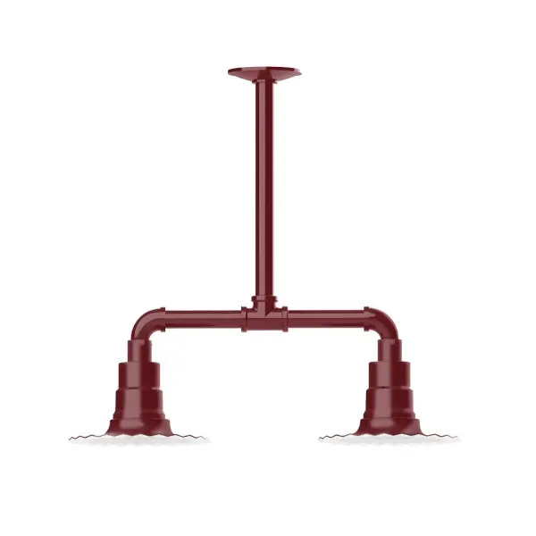 Maximize your light output with our 2-Light Multi-Light Stem Hung Pendants. Illuminate an outdoor or indoor kitchen island or dining table, this industrial look works well in both commercial and residential applications. The Radial Shade is fluted to allow water to flow off its surface, suitable for seaside and non-seaside locales. Collection: Radial Finish: Barn Red Glass: 8 inch Radial Notes: Option (2) A19 LED and 3-Integrated 8W, 10W, 15W Width: 8.00" Height: 19.25" Length: 22.00" Weight: 18.00 lb Canopy: 4.125" diameter Number of Bulbs: 2 Maximum Wattage: 100.00 W Bulb Type: A19 Bulb Base: E26 Medium Light Source: Incandescent or LED equivalent Dimmable Voltage: 120.00 V Country of Origin: US Safety Listing: UL/cUL Safety Rating: Wet Dark Sky LED Manufacturer Warranty: 1-year limited warranty on the fixture.