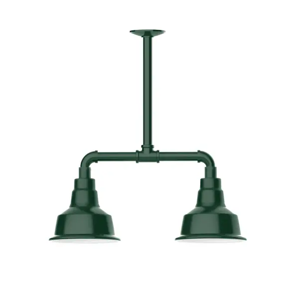 Maximize your light output with our 2-Light Multi-Light Stem Hung Pendants. Illuminate an outdoor or indoor kitchen island or dining table, this industrial look works well in both commercial and residential applications. The Warehouse shade is our most popular shade style, and we offer in a large variety of sizes. Collection: Warehouse Finish: Forest Green Glass: 8 inch Warehouse Notes: Option (2) A19 LED and 3-Integrated 8W, 10W, 15W Width: 8.25" Height: 21.75" Length: 22.25" Weight: 18.00 lb Canopy: 4.125" diameter Number of Bulbs: 2 Maximum Wattage: 100.00 W Bulb Type: A19 Bulb Base: E26 Medium Light Source: Incandescent or LED equivalent Dimmable Voltage: 120.00 V Country of Origin: US Safety Listing: UL/cUL Safety Rating: Wet Dark Sky LED Manufacturer Warranty: 1-year limited warranty on the fixture.