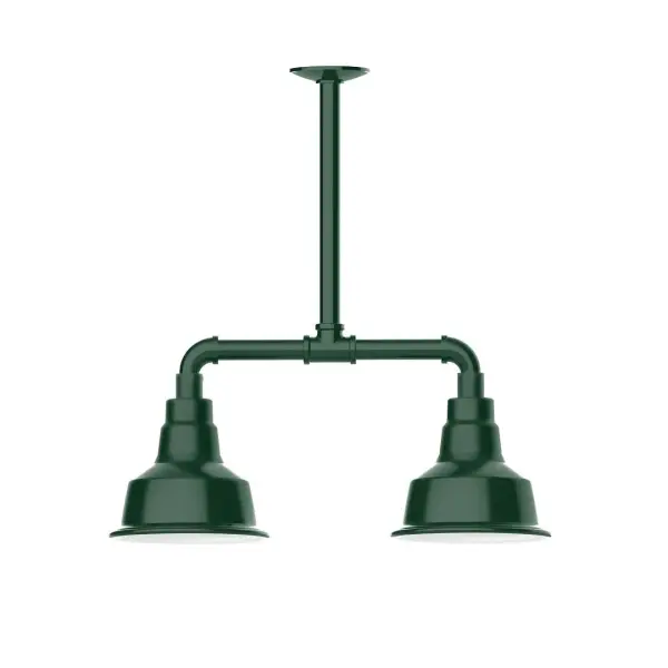 Maximize your light output with our 2-Light Multi-Light Stem Hung Pendants. Illuminate an outdoor or indoor kitchen island or dining table, this industrial look works well in both commercial and residential applications. The Warehouse shade is our most popular shade style, and we offer in a large variety of sizes. Collection: Warehouse Finish: Forest Green Glass: 8 inch Warehouse Width: 8.25" Height: 21.75" Length: 22.25" Weight: 18.00 lb Canopy: 4.125" diameter Number of Bulbs: 2 Maximum Wattage: 8.00 W Light Source: LED Light Output: 800.00 lm Color Temperature: 3000 K CRI: 90 Dimmable Rated Average Life: 50,000 Voltage: 120.00 V Country of Origin: US Safety Listing: UL/cUL Safety Rating: Wet Dark Sky LED Manufacturer Warranty: 1-year limited warranty on the fixture.