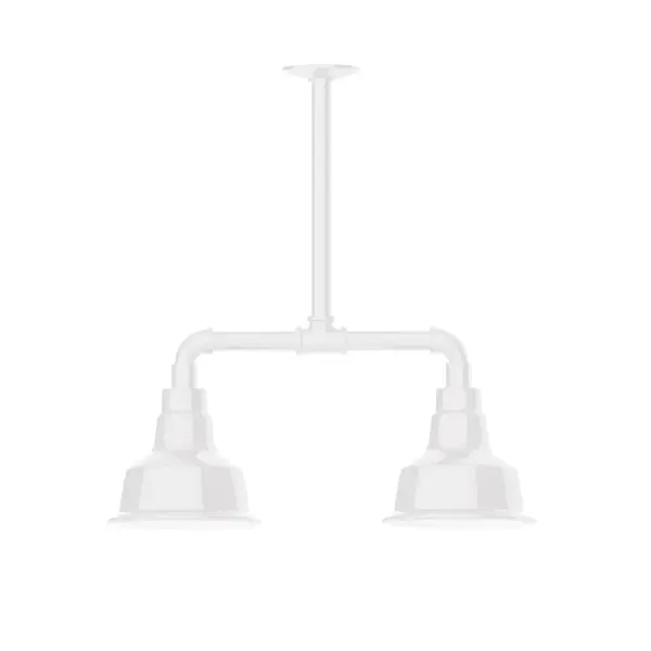 Maximize your light output with our 2-Light Multi-Light Stem Hung Pendants. Illuminate an outdoor or indoor kitchen island or dining table, this industrial look works well in both commercial and residential applications. The Warehouse shade is our most popular shade style, and we offer in a large variety of sizes. Collection: Warehouse Finish: White Glass: 8 inch Warehouse Notes: Option (2) A19 LED and 3-Integrated 8W, 10W, 15W Width: 8.25" Height: 21.75" Length: 22.25" Weight: 18.00 lb Canopy: 4.125" diameter Number of Bulbs: 2 Maximum Wattage: 100.00 W Bulb Type: A19 Bulb Base: E26 Medium Light Source: Incandescent or LED equivalent Dimmable Voltage: 120.00 V Country of Origin: US Safety Listing: UL/cUL Safety Rating: Wet Dark Sky LED Manufacturer Warranty: 1-year limited warranty on the fixture.