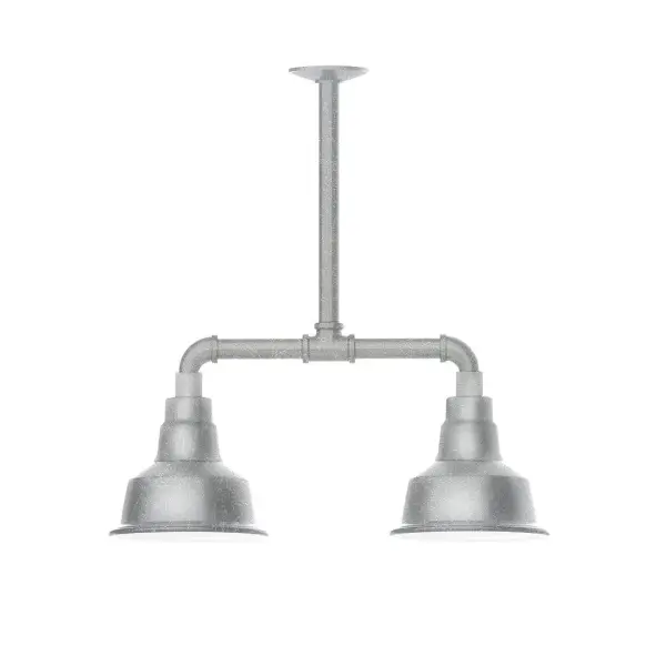 Maximize your light output with our 2-Light Multi-Light Stem Hung Pendants. Illuminate an outdoor or indoor kitchen island or dining table, this industrial look works well in both commercial and residential applications. The Warehouse shade is our most popular shade style, and we offer in a large variety of sizes. Collection: Warehouse Finish: Painted Galvanized Glass: 8 inch Warehouse Width: 8.25" Height: 21.75" Length: 22.25" Weight: 18.00 lb Canopy: 4.125" diameter Number of Bulbs: 2 Maximum Wattage: 8.00 W Light Source: LED Light Output: 800.00 lm Color Temperature: 3000 K CRI: 90 Dimmable Rated Average Life: 50,000 Voltage: 120.00 V Country of Origin: US Safety Listing: UL/cUL Safety Rating: Wet Dark Sky LED Manufacturer Warranty: 1-year limited warranty on the fixture.