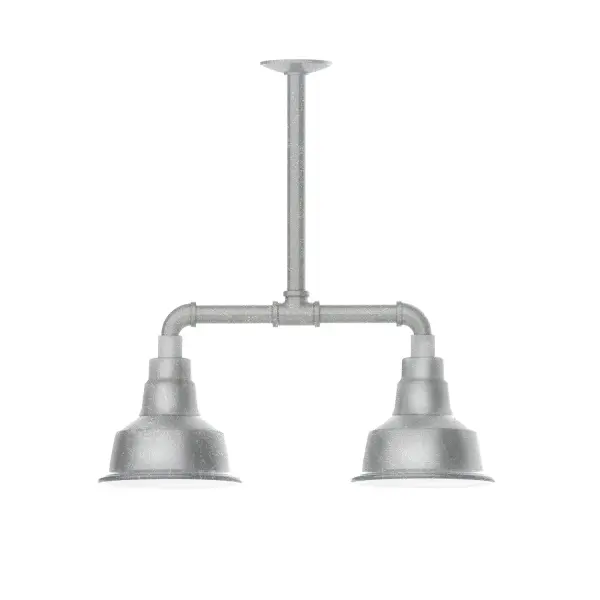 Maximize your light output with our 2-Light Multi-Light Stem Hung Pendants. Illuminate an outdoor or indoor kitchen island or dining table, this industrial look works well in both commercial and residential applications. The Warehouse shade is our most popular shade style, and we offer in a large variety of sizes. Collection: Warehouse Finish: Painted Galvanized Glass: 8 inch Warehouse Notes: Option (2) A19 LED and 3-Integrated 8W, 10W, 15W Width: 8.25" Height: 21.75" Length: 22.25" Weight: 18.00 lb Canopy: 4.125" diameter Number of Bulbs: 2 Maximum Wattage: 100.00 W Bulb Type: A19 Bulb Base: E26 Medium Light Source: Incandescent or LED equivalent Dimmable Voltage: 120.00 V Country of Origin: US Safety Listing: UL/cUL Safety Rating: Wet Dark Sky LED Manufacturer Warranty: 1-year limited warranty on the fixture.