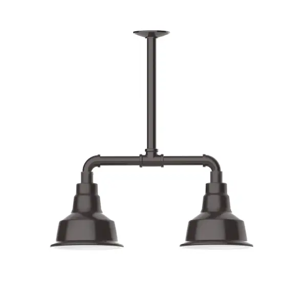 Maximize your light output with our 2-Light Multi-Light Stem Hung Pendants. Illuminate an outdoor or indoor kitchen island or dining table, this industrial look works well in both commercial and residential applications. The Warehouse shade is our most popular shade style, and we offer in a large variety of sizes. Collection: Warehouse Finish: Architectural Bronze Glass: 8 inch Warehouse Notes: Option (2) A19 LED and 3-Integrated 8W, 10W, 15W Width: 8.25" Height: 21.75" Length: 22.25" Weight: 18.00 lb Canopy: 4.125" diameter Number of Bulbs: 2 Maximum Wattage: 100.00 W Bulb Type: A19 Bulb Base: E26 Medium Light Source: Incandescent or LED equivalent Dimmable Voltage: 120.00 V Country of Origin: US Safety Listing: UL/cUL Safety Rating: Wet Dark Sky LED Manufacturer Warranty: 1-year limited warranty on the fixture.